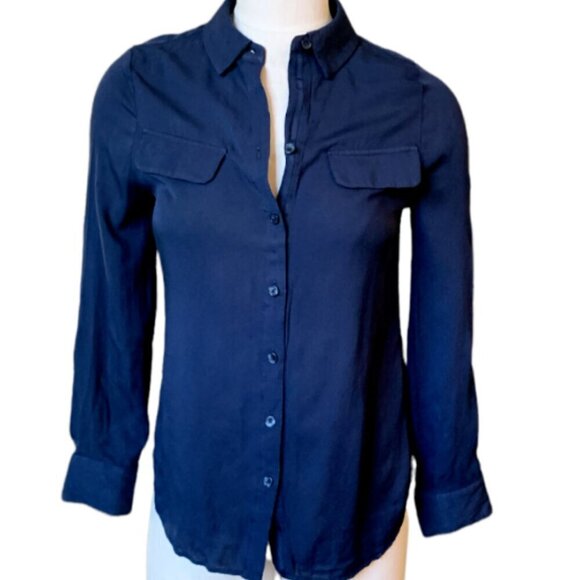 Chico's Silky Rayon Classic Button Front Shirt Sz 00 (XS/2) Navy Blue #61Q - Picture 1 of 7